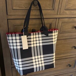Elegant Plaid Tote Bag with Red Accents